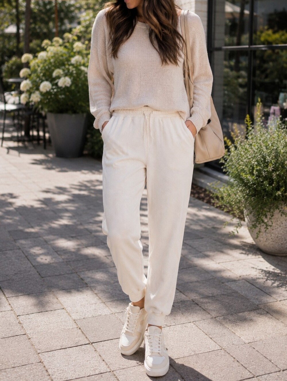 Mavi Cream Ribbed Jogger Sweatpants | Cozy Lounge Athleisure Elastic Waist Soft - Picture 1 of 7